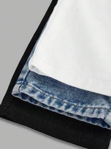 SHEIN Explorewe Conjunto de 3 piezas de jeans cortos con cintura elástica y bolsillos planos de estilo bohemio asimétrico para niñas bebés, artículo de moda diario OOTD, denim básico versátil, conjunto asequible y de gran - Multicolor - Ver 10