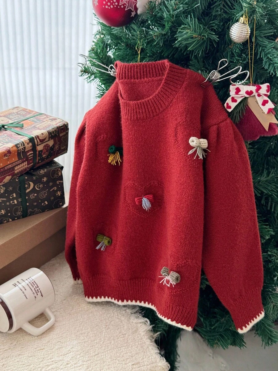 DAZY 女童圆领套头毛衣，适合秋季、新年和圣诞节穿着。 - 紅色 - 查看 1