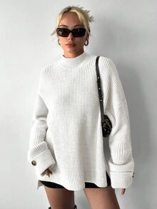 EURMUSE Damen Einfarbiger Loose Fit Pullover , Drop-Shoulder, Rollkragen, Lässig für Herbst/Winter - Beige - Übersicht 7