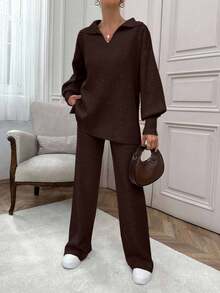 EURMUSE Rib Pattern Polo Neck Sweater And Pant 2pcs Set - Brown - View 5