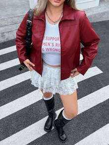 SHEIN EZwear 情人节大码女式休闲拉链前红色长袖夹克，适合圣诞节和冬季 - 酒紅色 - 查看 3