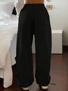 DAZY 时尚基本款街头休闲直筒装饰运动裤，女式慢跑裤 - 黑色 - 查看 3