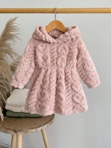 SHEIN 婴儿/女宝宝时尚花卉3D毛绒长袖连帽连衣裙，粉色 - 粉色 - 查看 8