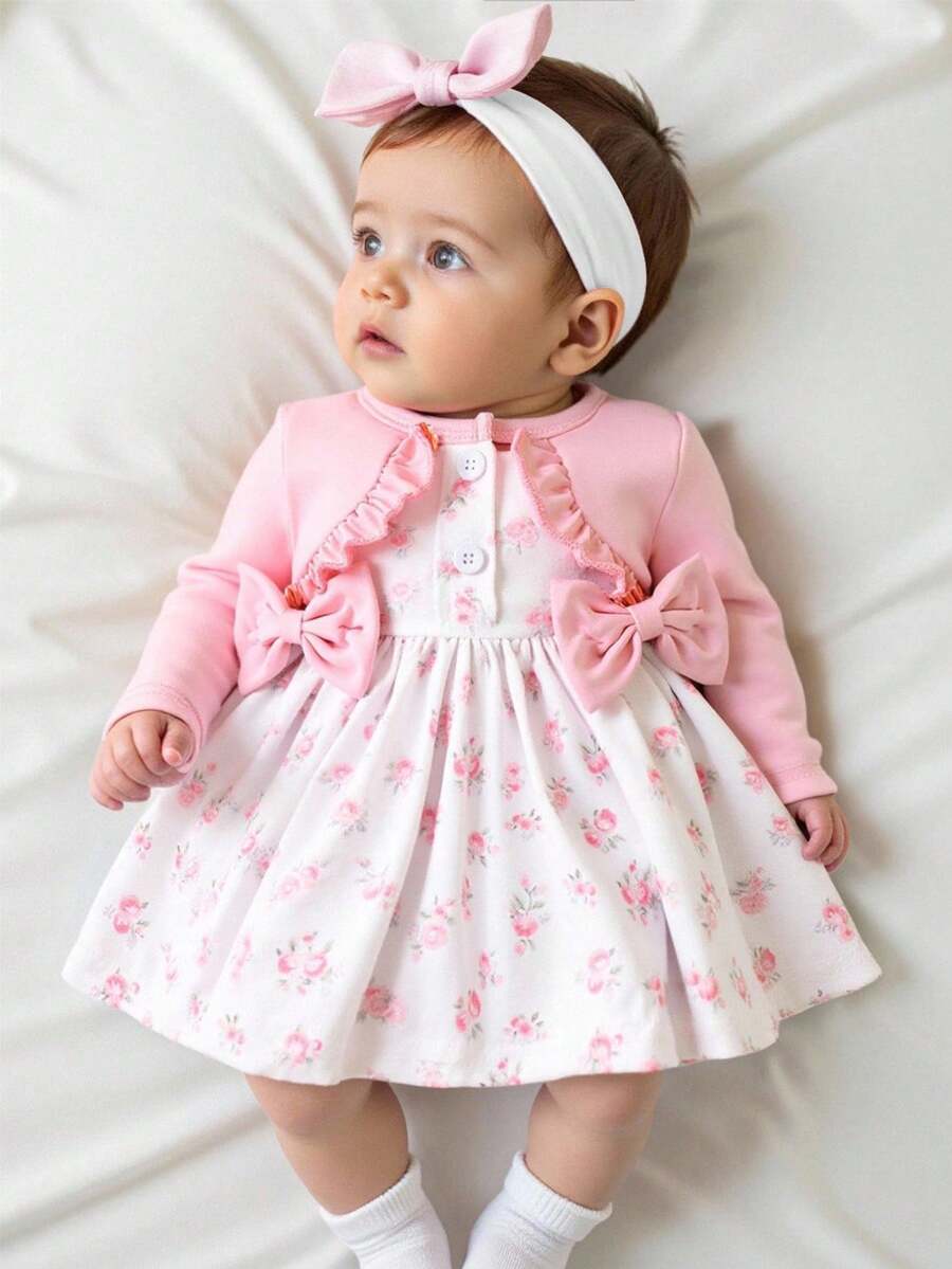 SHEIN Newly Born Baby Girl Pink Long Sleeved Patchwork Floral Bow Dress With Elegant, Sweet And Cute Headband, Suitable For Daily Outdoor Leisure Activities In Autumn Fall Winter