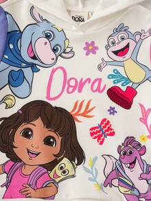 DORA | SHEIN Sweat-shirt à capuche ample en tricot décontracté à manches longues avec imprimé Dora, la jeune fille mignonne et dessin animé, en blocs de couleurs - Rose bonbon - Voir 3