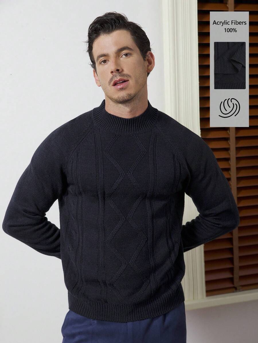 Core Aspect 男士休闲纯色圆领插肩袖毛衣，秋冬 - 藏蓝色 - 查看 1