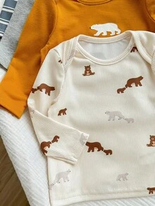 新生婴儿男童/女童休闲可爱卡通图案针织弹力长袖睡衣套装 - 灰色 - 查看 3