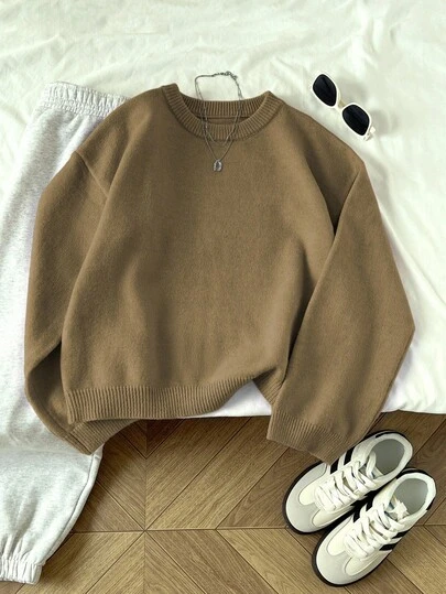 Elamini 女式纯色圆领休闲百搭长袖套头毛衣