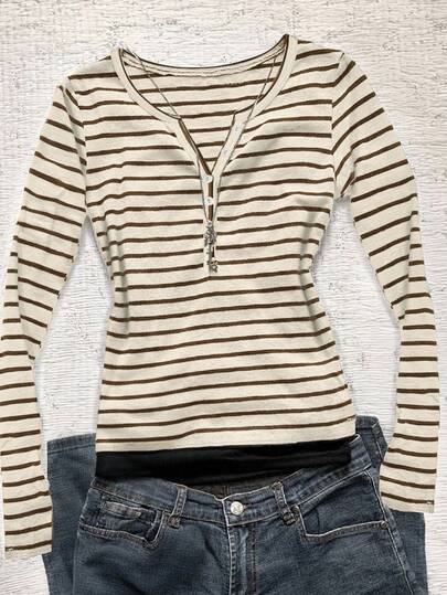 INAWLY 女式休闲纽扣半襟V领条纹长袖T恤