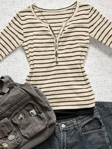 INAWLY Women's Casual Button Half Placket V-Neck Striped Long Sleeve T-Shirt - Apricot - View 4