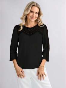 Miaspire 定制花卉领口拼接女士休闲度假衬衫，春夏母亲节礼物，黑色上衣 - 黑色 - 查看 7