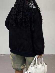 Rovax Áo khoác cardigan dài tay trễ vai có mũ trùm đầu dáng rộng cỡ lớn - màu đen - Xem 2