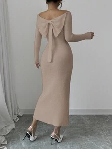 Elenzga 女式纯色露肩露背蝴蝶结修身优雅针织连衣裙，秋冬 - 杏色 - 查看 2
