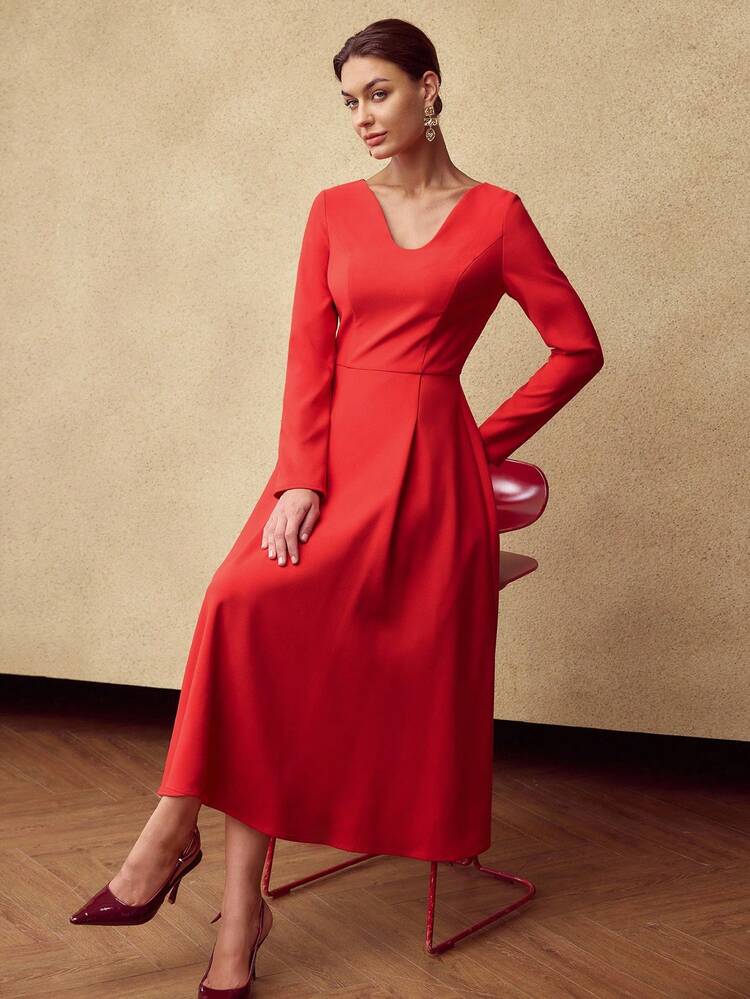 ELEGANT WAIST CINCHED FLARED DRESS FOR WOMEN, AUTUMN/WINTER, CHRISTMAS DRESS, RED DRESS, NEW YEAR DRESS
