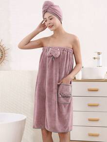 2pcs Women's Simple Applique Soft & Comfortable Bath Robe/Shower Cap Set, Practical & Multifunctional Bath Towel - Bean Paste Applique Skirt Suit - View 4