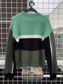 Livesso 女秋冬字母图案提花拼色撞色拼接宽松休闲街头风职场装时尚针织开衫 - 綠色 - 查看 9