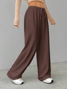 SHEIN Tall Quần baggy dệt kim màu trắng mềm mại, quần rộng - Cà phê nâu - Xem 4