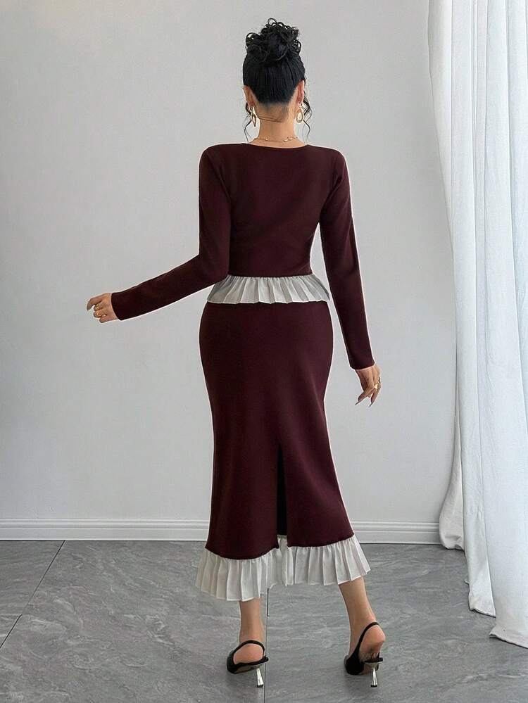Women's Elegant Contrast Color Frill Trim Sweater & Skirt 2 Pieces Set, Autumn