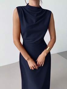 Firerie 女士优雅简约精致浪漫甜美日常通勤婚礼派对音乐节度假褶皱A字迷你连衣裙，红色吊带，婚礼宾客礼服 - 藏蓝色 - 查看 2