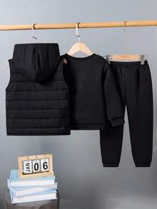 SHEIN 3件組小男孩休閒加厚外套背心、抓絨圓領字母刺繡運動衫與長褲，適合秋冬戶外穿著 - 黑色 - 查看 2