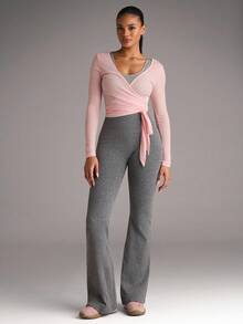 SHEIN BAE Áo thun dài tay buộc dây phía trước thể thao mọi mùa dành cho nữ, họa tiết mỏng, áo chui đầu màu trắng đa năng - Hồng - Xem 8