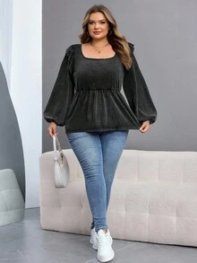 SHEIN CURVE+ Tricou de damă plus size, cu mânecă evazată, vopsit în stil tie-dye, cu decolteu pătrat și decorat cu fundă, tricou versatil cu mânecă lungă