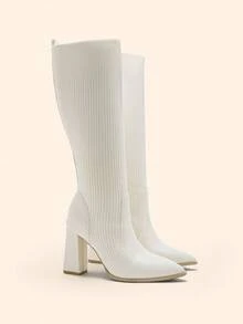 CUCCOO BASICS 优雅米色高筒靴，尖头粗跟，时尚百搭的新款长靴，展现女性魅力与优雅，秋冬 - 米色 - 查看 3
