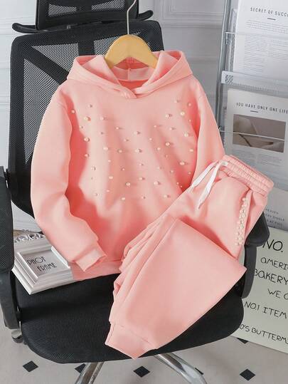 2 件女童度假休闲宽松串珠袖运动衫和串珠口袋宽松裤套装，适合日常穿着