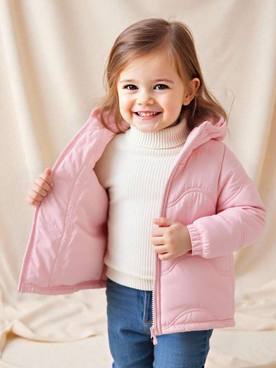 SHEIN 女宝宝时尚休闲百搭波浪图案连帽长袖加厚棉衣,适合秋冬季、户外、日常穿着 - 粉色 - 查看 1