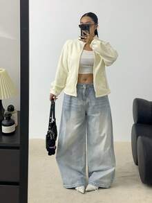 POPSWAY 大码白色休闲修身立领加厚拉链夹克 - 白色 - 查看 6