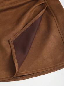 Sweetra Petite Váy ngắn xếp ly chữ A chất liệu da lộn màu Melaed Thu/Đông dành cho nữ dáng nhỏ nhắn - màu nâu - Xem 3