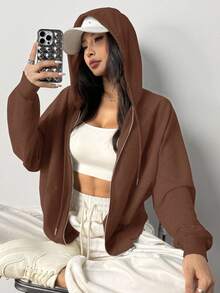 SHEIN EZwear 慕斯棕色针织女士休闲纯色连帽衫 秋冬棕色拉链连帽衫 - 棕色 - 查看 4