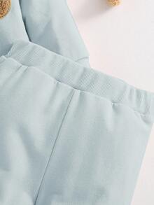 SHEIN 韩版新生儿卡通熊刺绣卫衣，可爱舒适修身长袖卫衣和裤子两件套 - 淺藍色 - 查看 6
