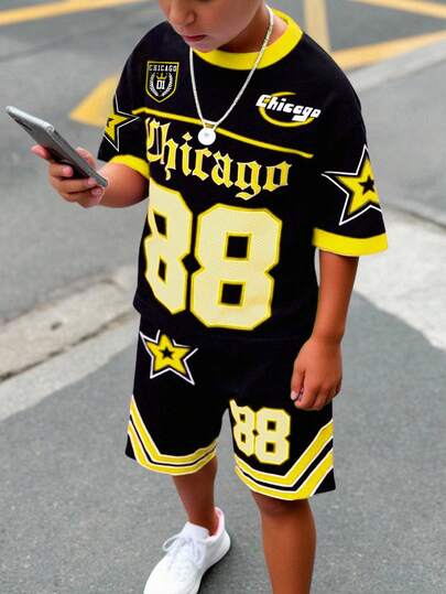 SHEIN 2pcs Tween Boy Casual Classic Cool Baseball Sports Style, Number 88, Gothic Chicago Text, Star Graphic Print Short Sleeve Crew Neck T-Shirt And Shorts Set, Suitable For Summer