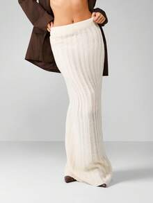 MISSGUIDED Ribbed Knit Maxi Skirt Elegant Floor Length High Waist Column Silhouette Winter Fall Fashion Statement Long Skirt Sophisticated Knitwear - Apricot - View 1
