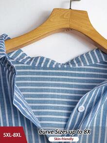 SHEIN CURVE+ 大码女式休闲经典法式复古条纹衬衫，时尚都市女性别致设计，百搭搭配衬衫、夹克，四季皆宜 - 藍白色 - 查看 4