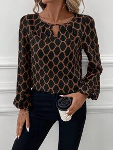 SHEIN Clasi 女士优雅缺口领几何印花长袖衬衫，适合通勤 - 彩色 - 查看 5