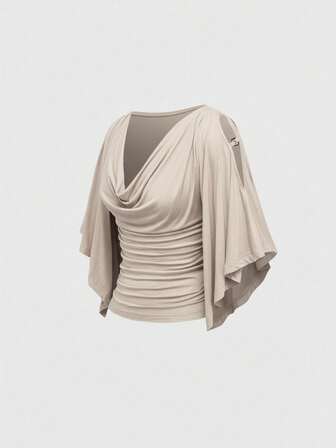 Hippie T-shirt femme à encolure bénitier, manches chauve-souris, taille cintrée, avec décoration de perles en bois vintage et épaules dénudées