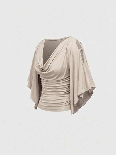 Hippie T-shirt femme à encolure bénitier, manches chauve-souris, taille cintrée, avec décoration de perles en bois vintage et épaules dénudées