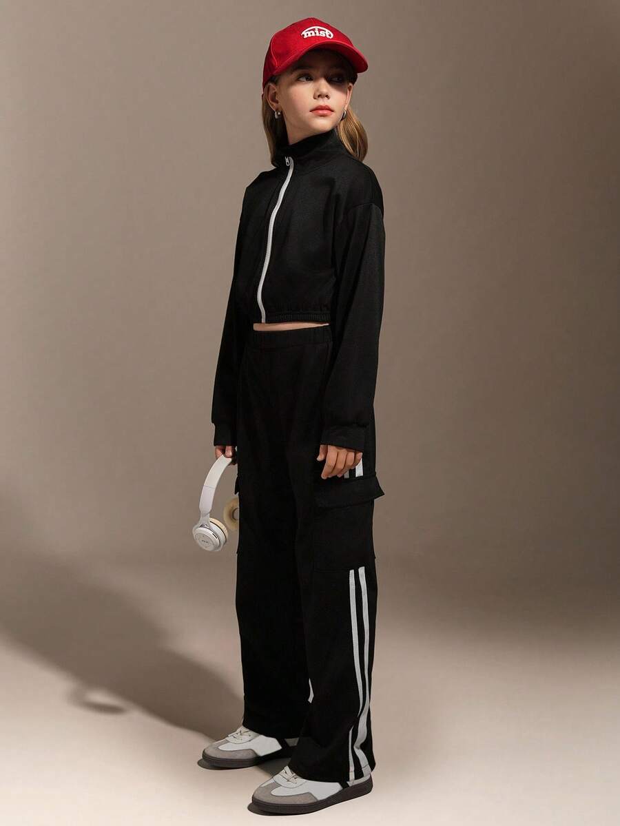 Hanevo Tween Girls Long Sleeve Crew Neck Zip Sweatshirt With Drawstring Waist Pockets Pants 2-Piece Outfits For Casual Everyday Wear, Autumn/Winter - Black - View 1