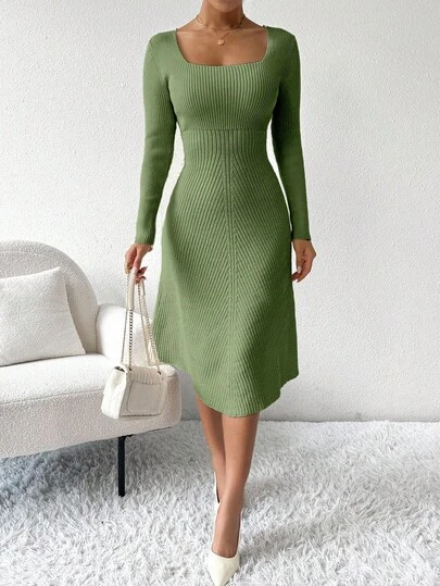 Almamuse 女式纯色方领长袖休闲针织连衣裙，秋冬
