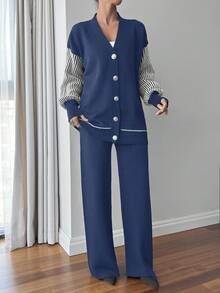 EURMUSE Casual Colorblock Striped Patchwork Cardigan And Knit Pants Set, Autumn/Winter - Navy Blue - View 6