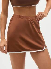 Eassivo Eassivo 撞色饰边弹性腰部交叉裹身夏季运动短裙和裙裤 - 棕色 - 查看 3