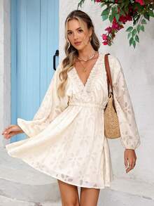 Vivid Eden Vestido de vacaciones con cuello en V, cintura ceñida y mangas farol para mujer, otoño - Albaricoque - Ver 6