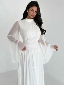 Firerie Women's Elegant Romantic Elegant Daily Commute Beach Vacation Stand Collar Pleated High Waist A-Line Flare Sleeve White Long Dress - White - View 7