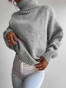 Cloudara Jersey cuello alto de manga raglán tejido de canalé - Gris - Ver 3