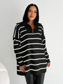 EURMUSE Striped Pattern Drop Shoulder Polo Neck Sweater - Black - View 3