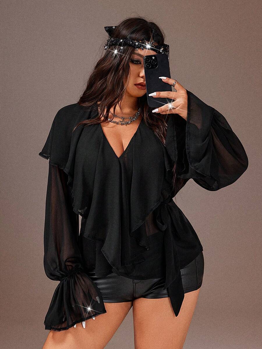 Rustia Women's Casual Loose Solid Color V-Neck Long Sleeve Plus Size Blouse