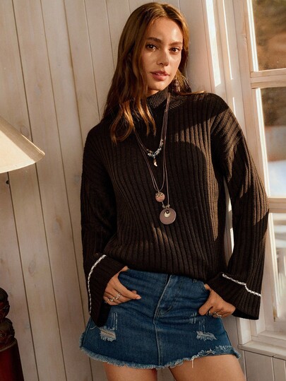 LanaWest Women's Contrast Color Block Turtleneck Casual Pullover Sweater With Side Slit, Autumn/Winter