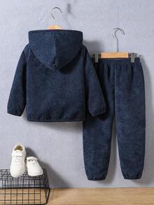 SHEIN Genkimix Kids 2 件套男童休闲简约羊毛夹克和裤子套装，适合休闲、日光浴、上学、秋冬、幼儿服装 - 藏蓝色 - 查看 2